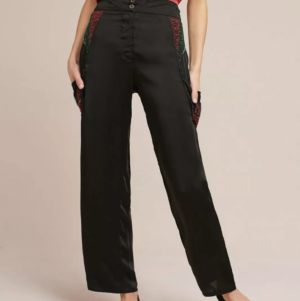 New Anthropologie Raga Beaded Satin Feel Pants L